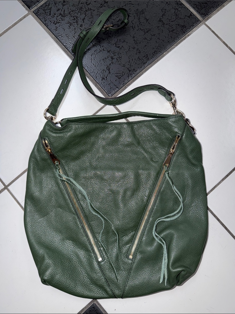 Rebecca Minkoff Green Pebbled Leather Shoulder Bag with Gold Zippers